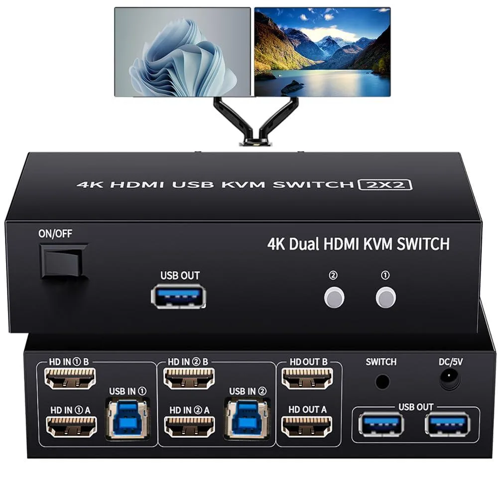 Vszerda Vszerda 2-Port HDMI KVM Switch Dual Monitor 3 USB 3.0 4K@60Hz — product photo