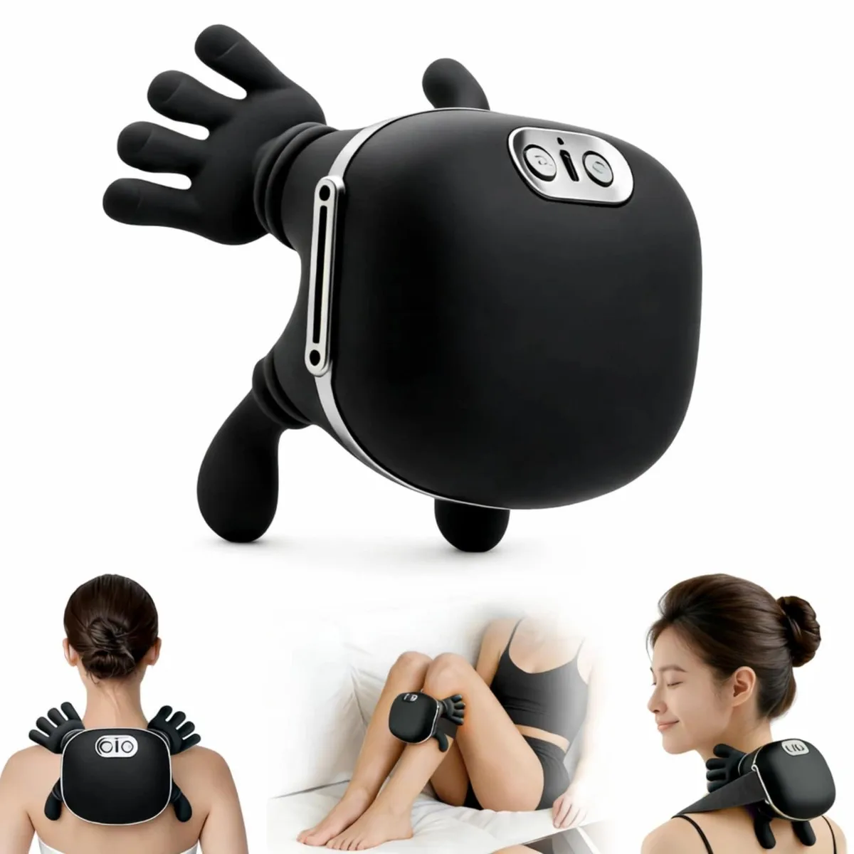 Blue cordless neck massager with wraparound shape and massage nodes visible