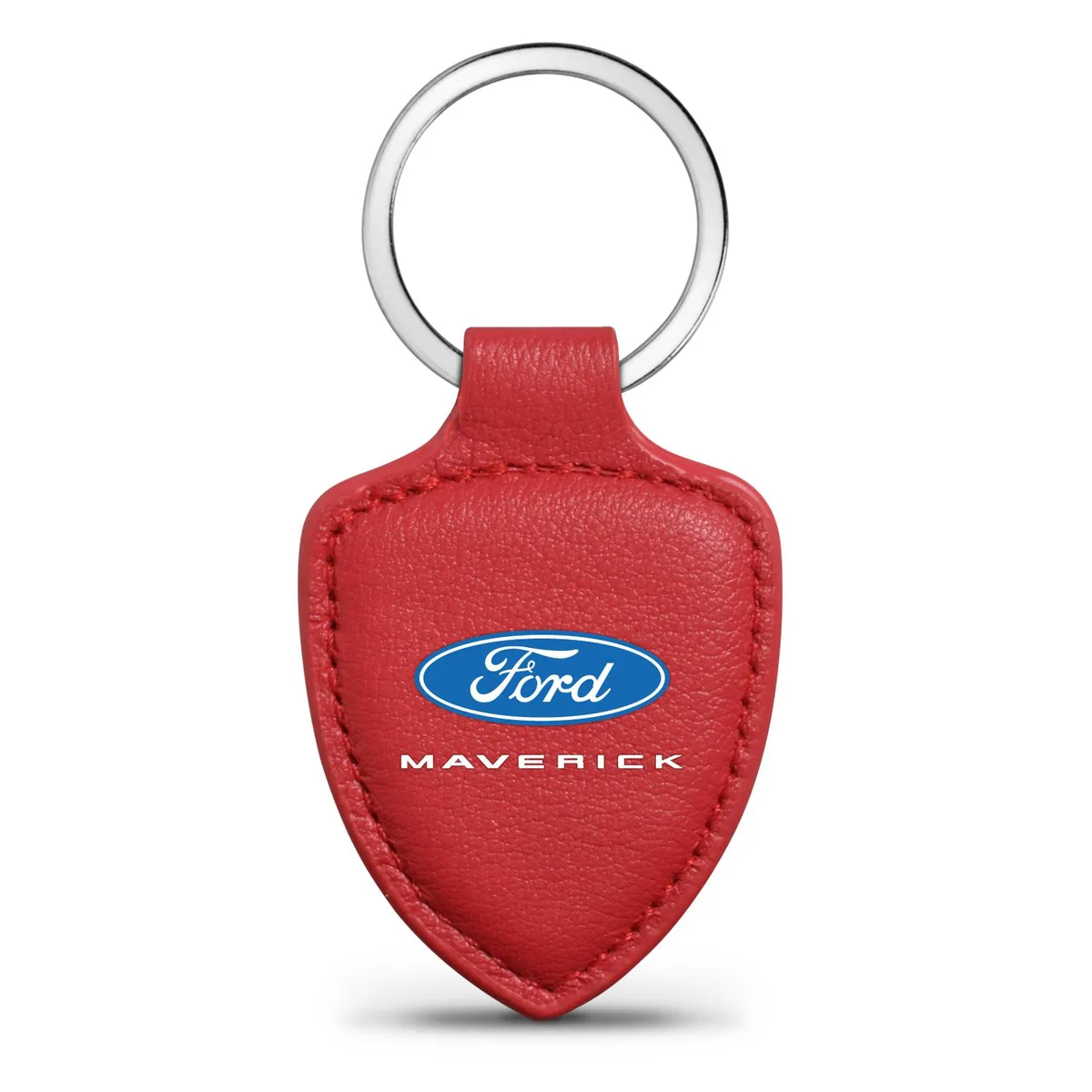 Rectangular red leather key chain with Ford Maverick logo