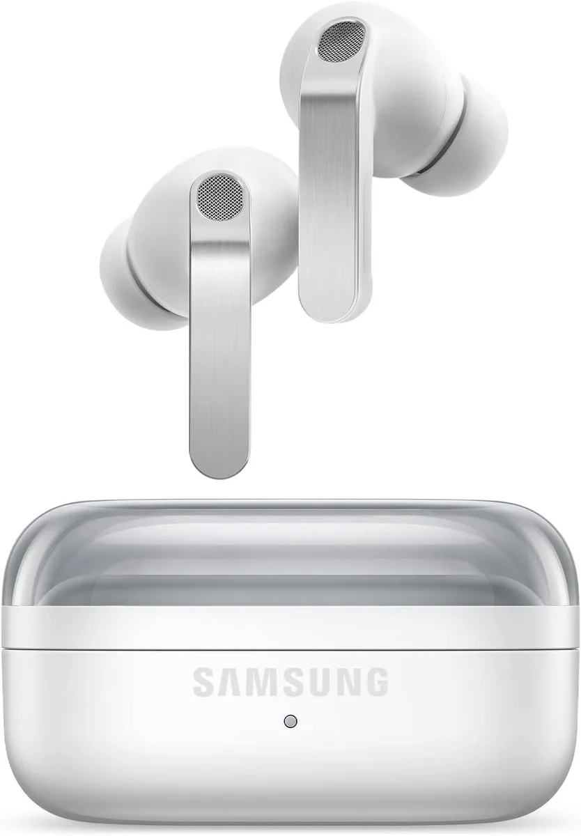 Pair of white in-ear true wireless earbuds with charging case