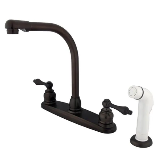 High-arch kitchen faucet with oil-rubbed bronze finish and side sprayer