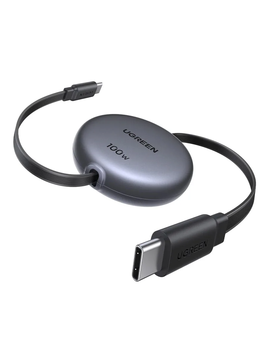 Black retractable USB-C cable with two Type-C connectors, shown extended to full length