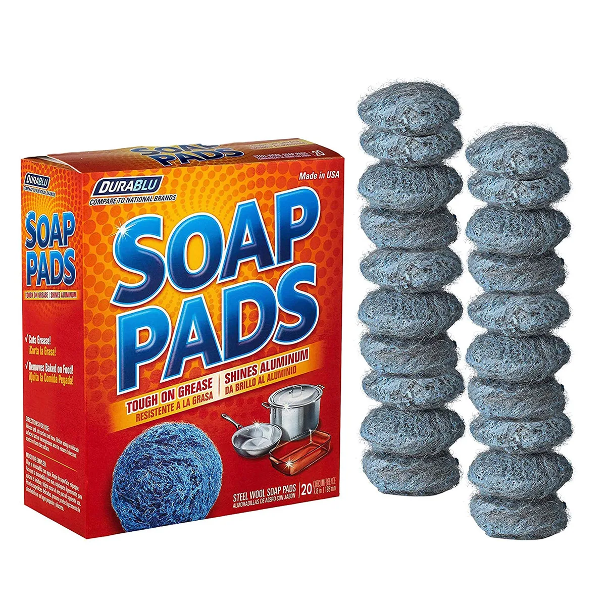 Twenty silver steel wool soap pads in a rectangular pack