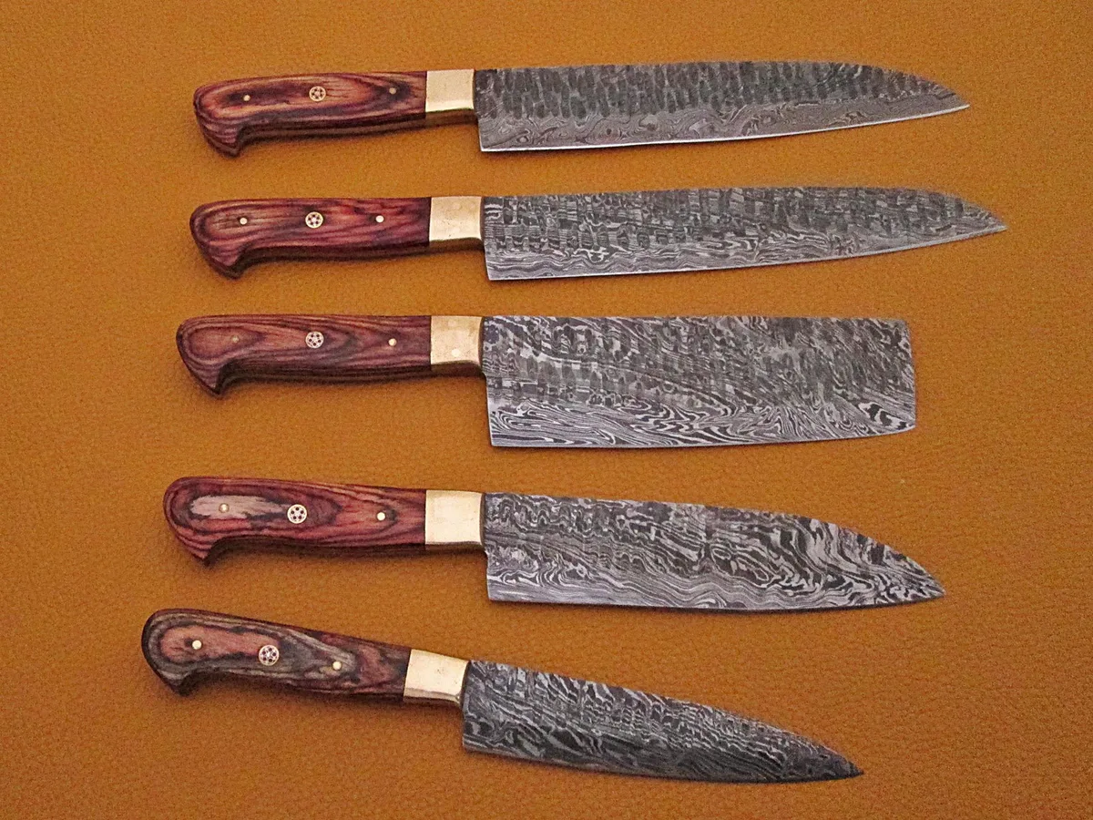 Damascus Depot Damascus Depot 5-Piece Hammered Damascus Knife Set with Leather Roll — product photo