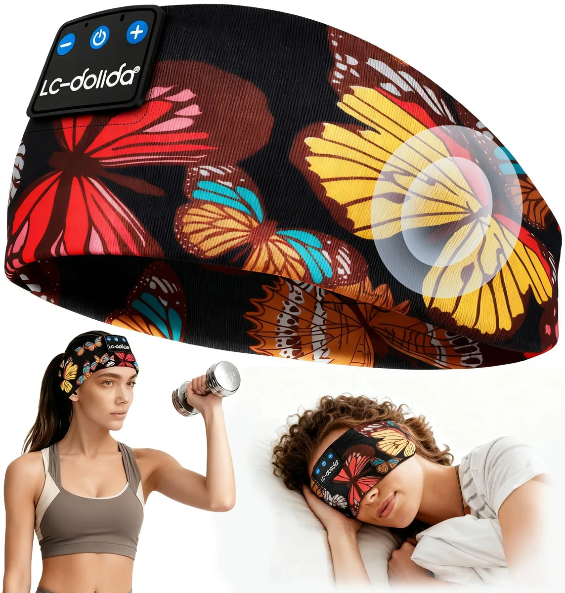 White fabric headband with thin on-ear speakers, butterfly pattern