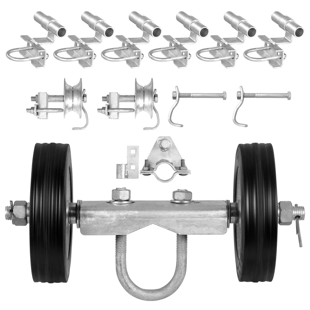 Sliding gate hardware kit with rubber wheels and steel brackets on a plain background
