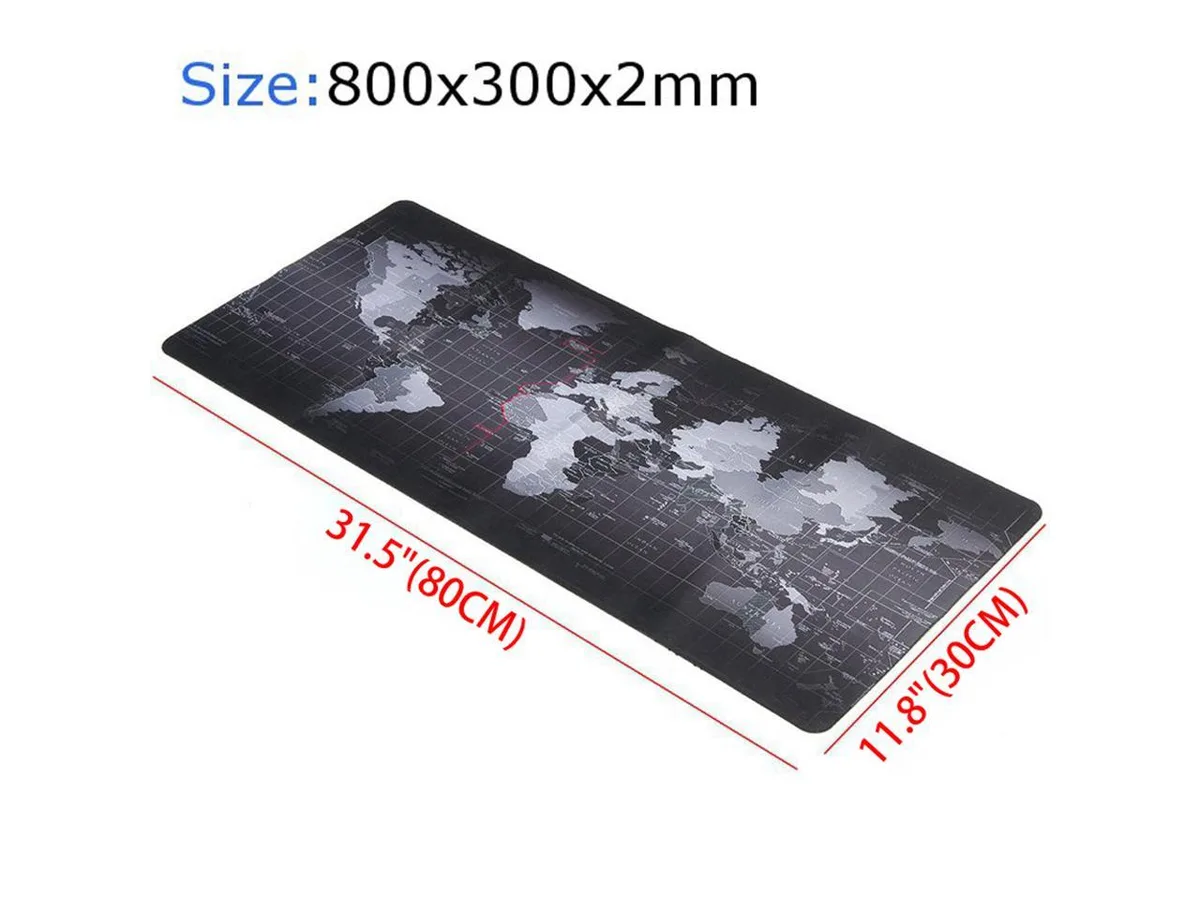 Rectangular black mouse mat with world map print, stitched edges, 800 by 300 mm