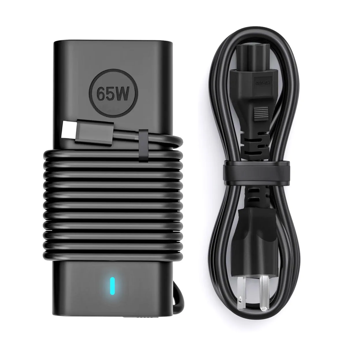 Compact black USB-C laptop charger with detachable mains lead