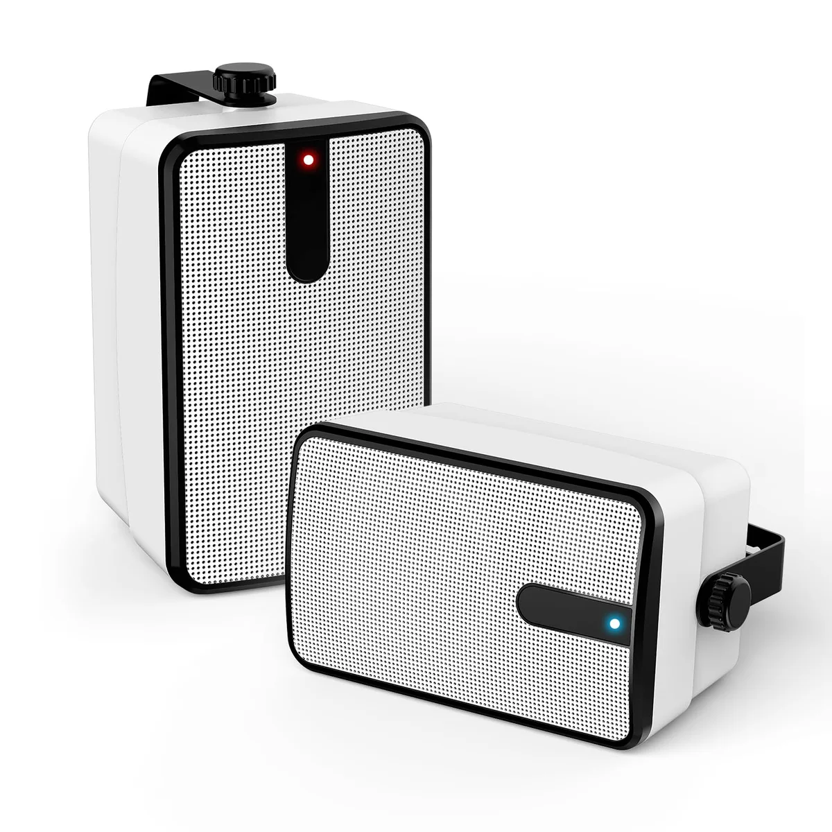 Two wall-mounted rectangular speakers in black finish with integrated power cords and remote control