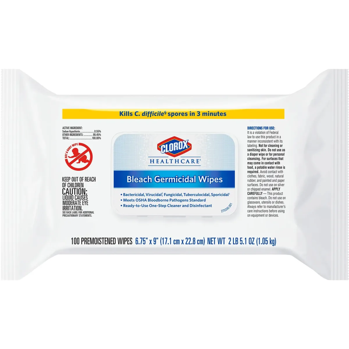 Clorox Clorox 32621 Bleach Germicidal Wipes 6.75 x 9 Unscented 100 Count indoor maintenance — product photo