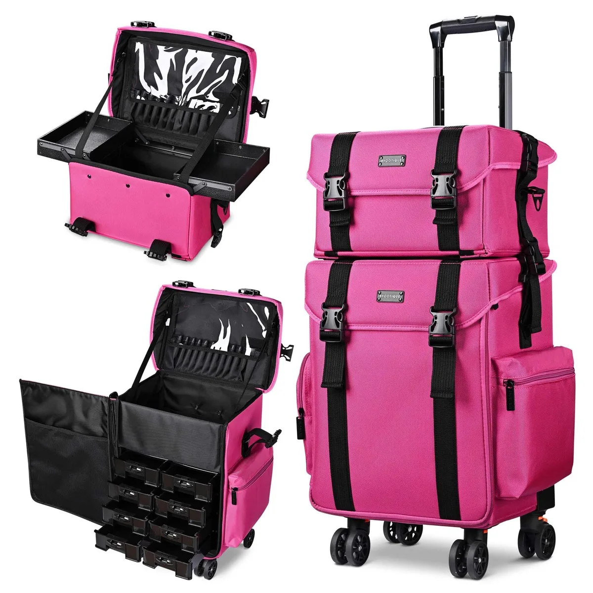 Yescom USA, Inc. Yescom USA, Inc. Byootique 2in1 Rolling Makeup Case Deep Pink 1680D 8 Drawers 4 Wheels — product photo