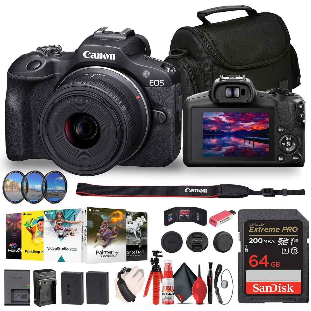 Black Canon EOS R100 mirrorless camera with 18-45mm lens, filter kit, soft bag and flexible tripod
