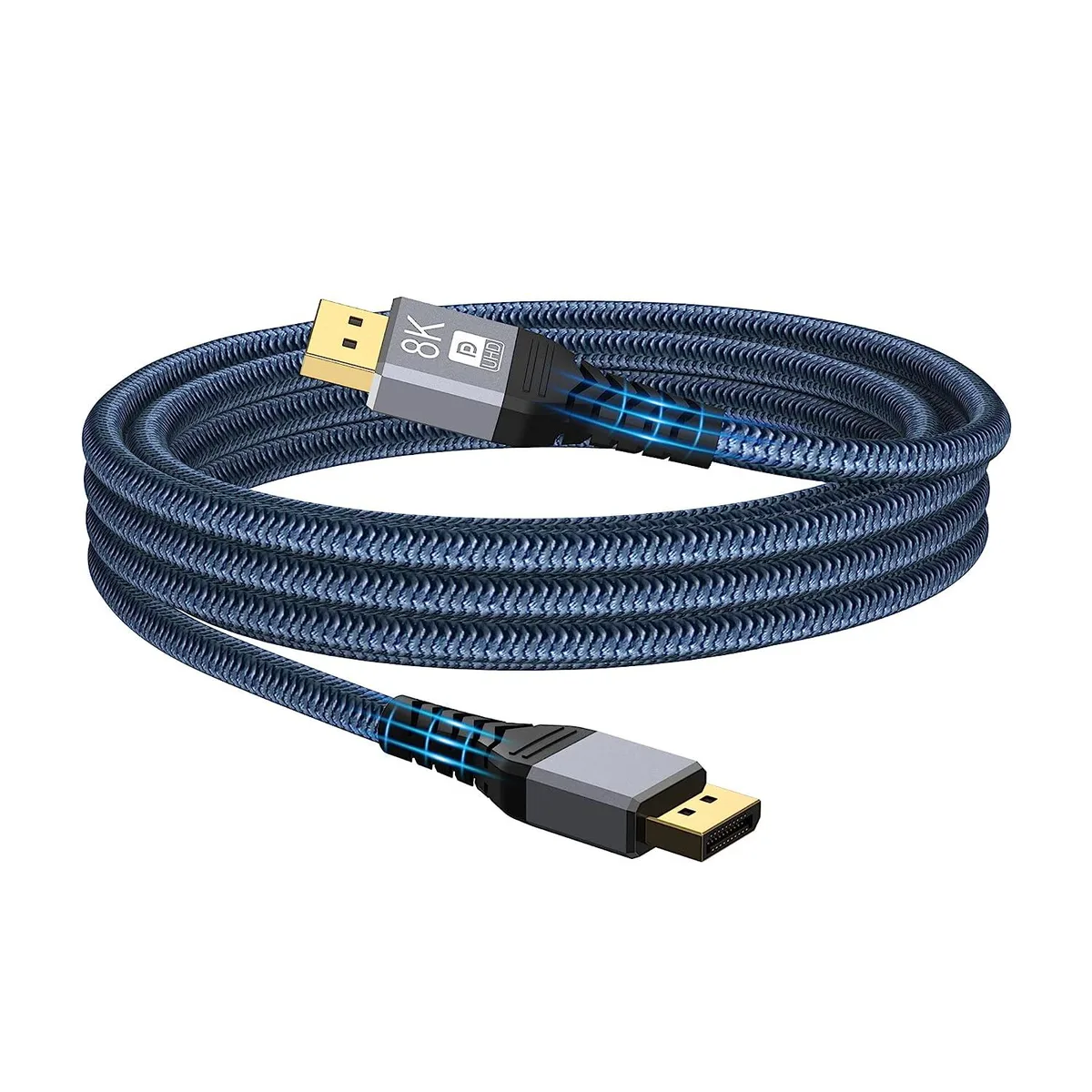 Black nylon-braided DisplayPort 1.4 cable with gold-plated metal connectors, 10 ft