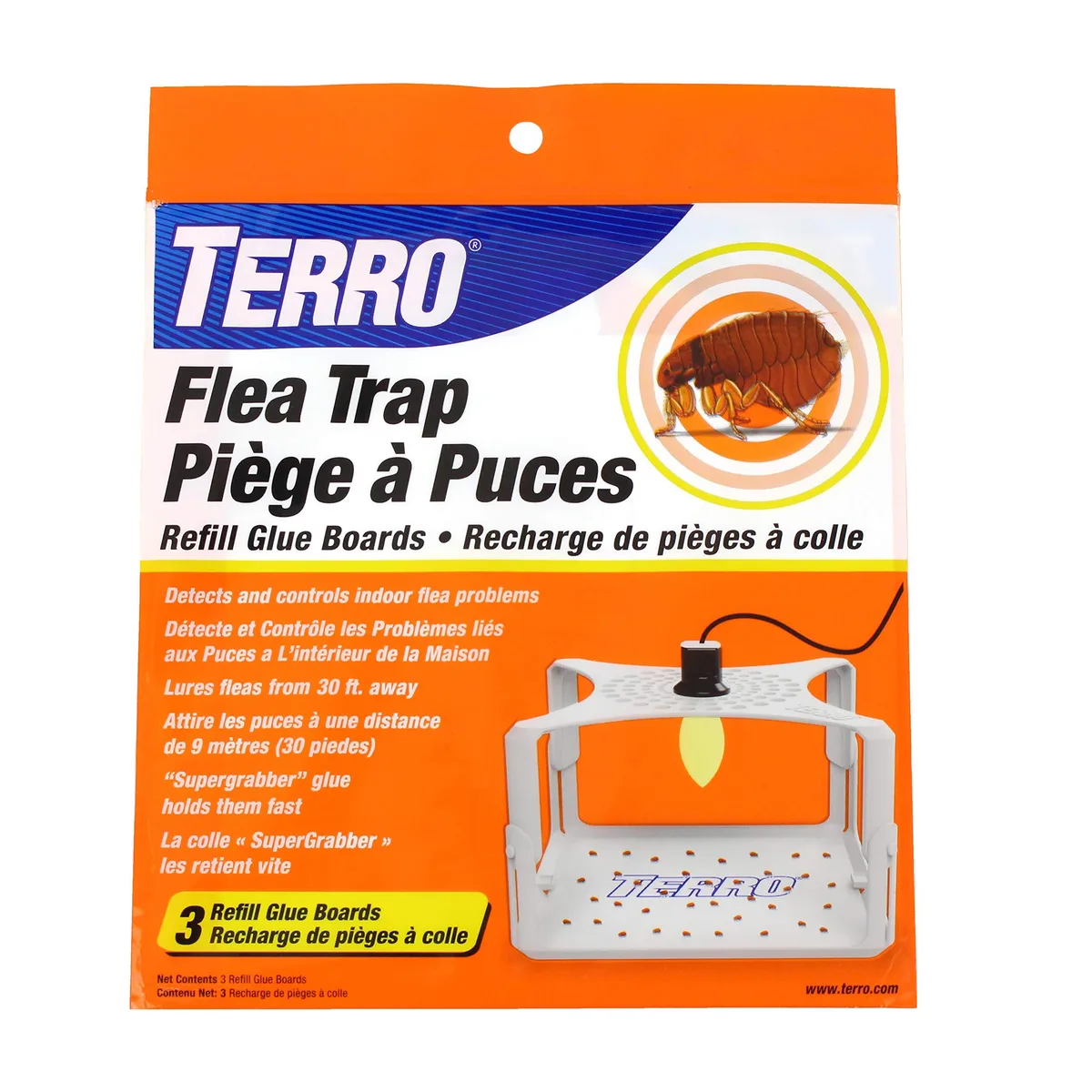Pack of three white rectangular glue board refills for TERRO T230 flea trap