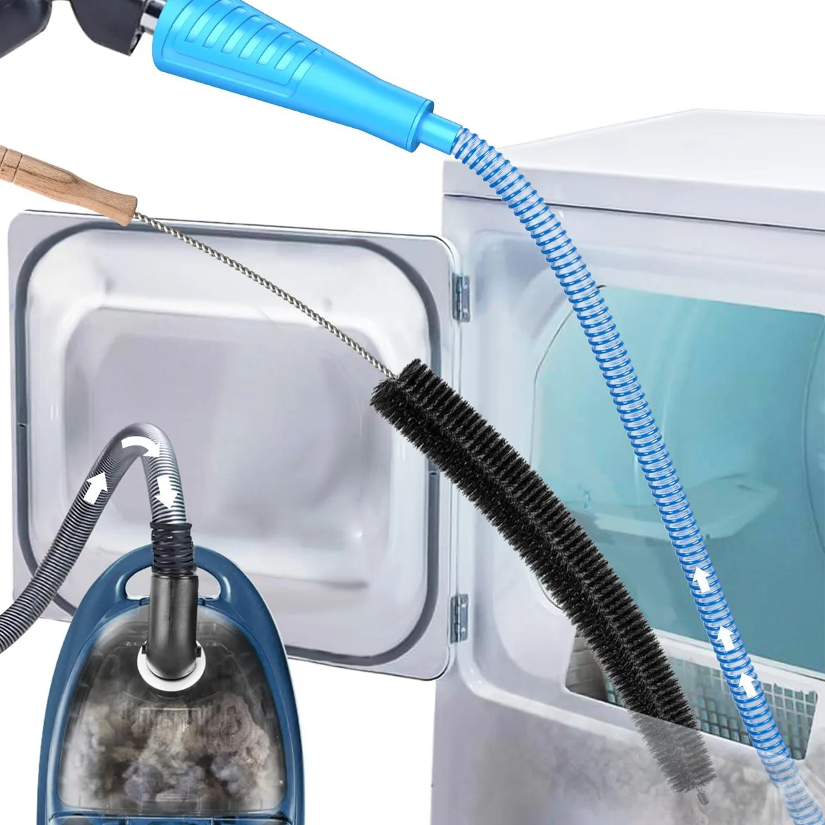 Blue plastic vacuum hose attachment and lint brush kit for dryer vents