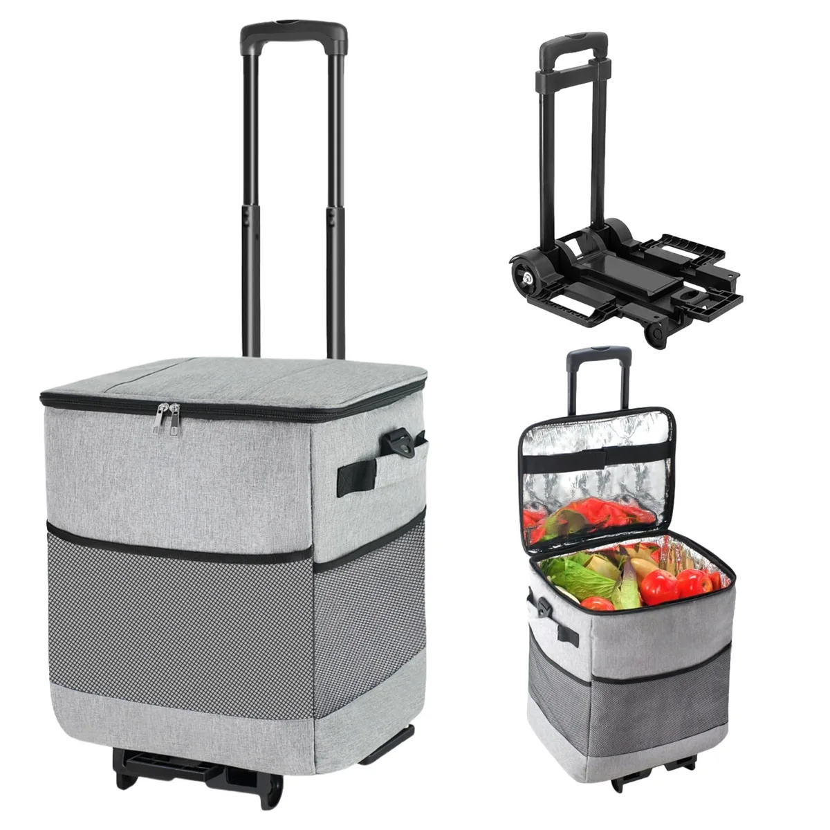 Red soft cooler bag on wheels with extendable handle and mesh side pockets