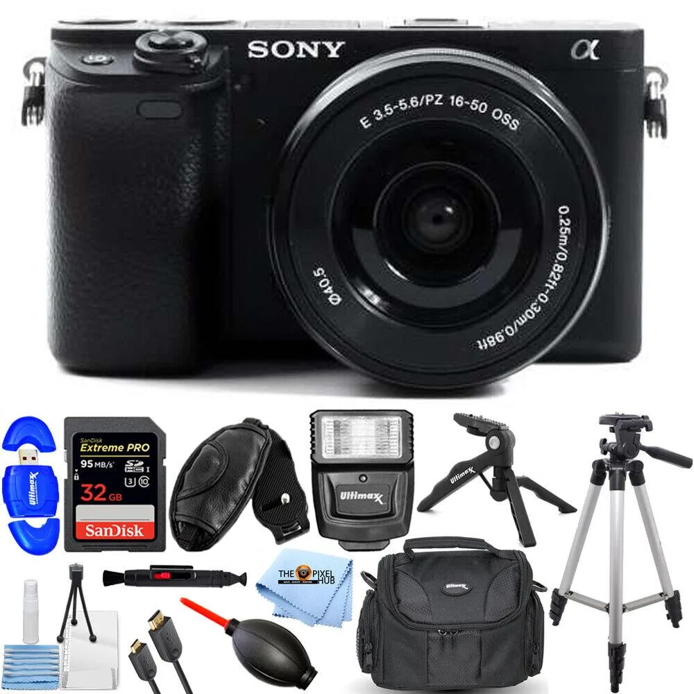 Sony Sony Alpha a6400 compact mirrorless camera with 16-50mm lens, 32GB card, flash bundle — product photo