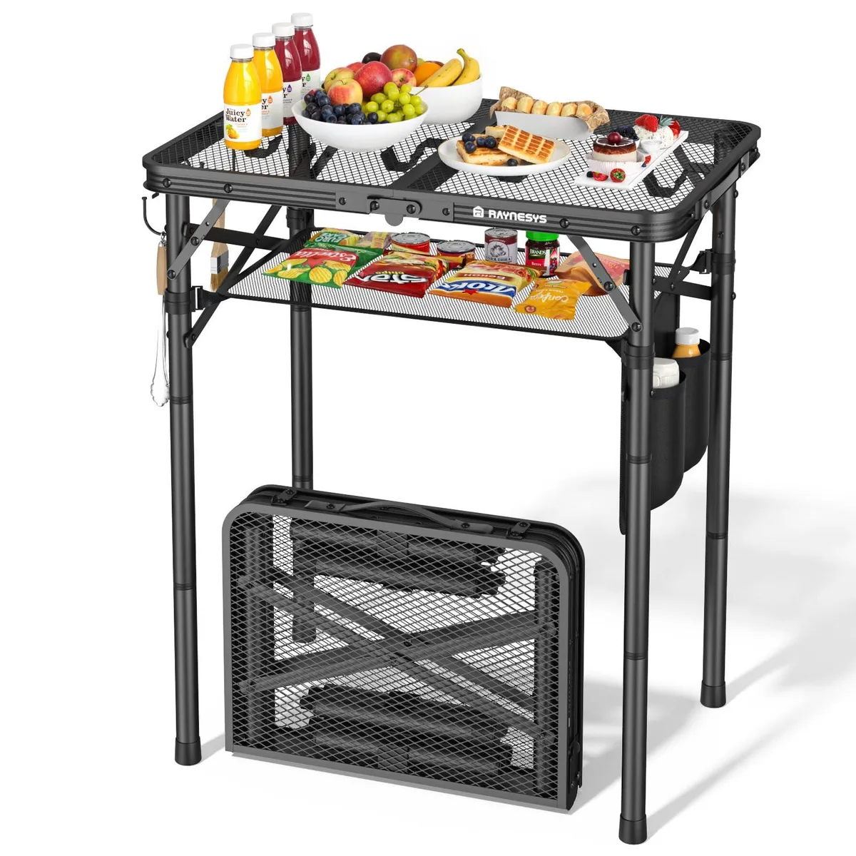 Black aluminium folding grill table with iron mesh top, telescopic legs and carry handle