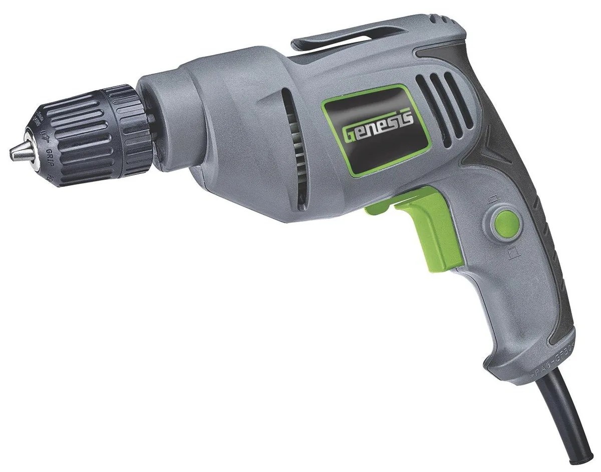 Light blue corded drill with keyless chuck rubber grip and belt clip
