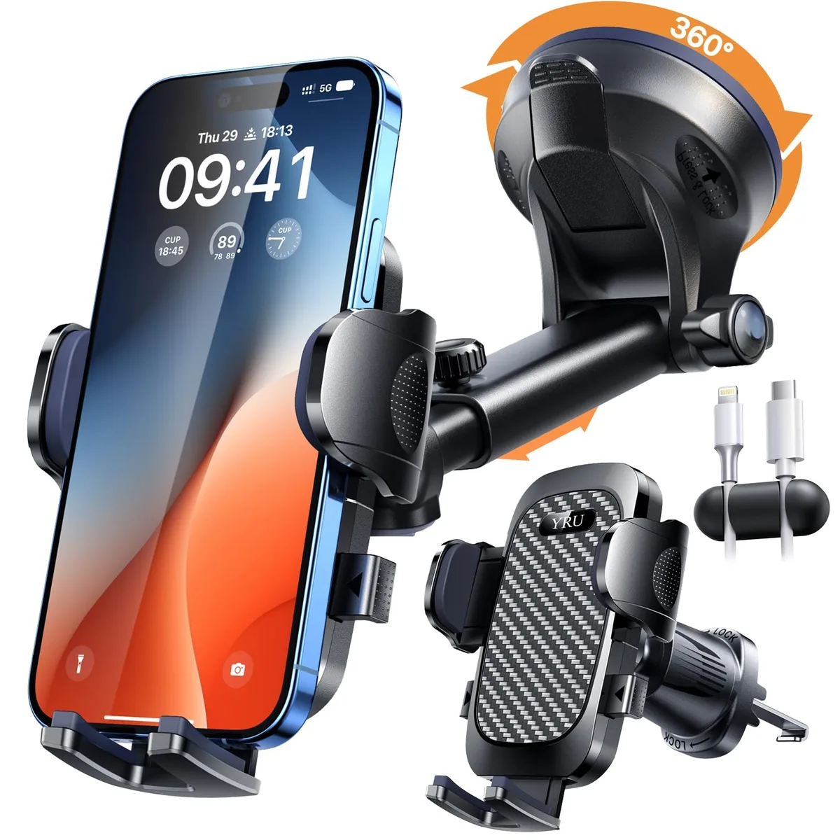  YRU C126 phone mount Gloss Black 360° rotation 95 lbs suction 10.8 x 9.19 x 14.2 in — product photo