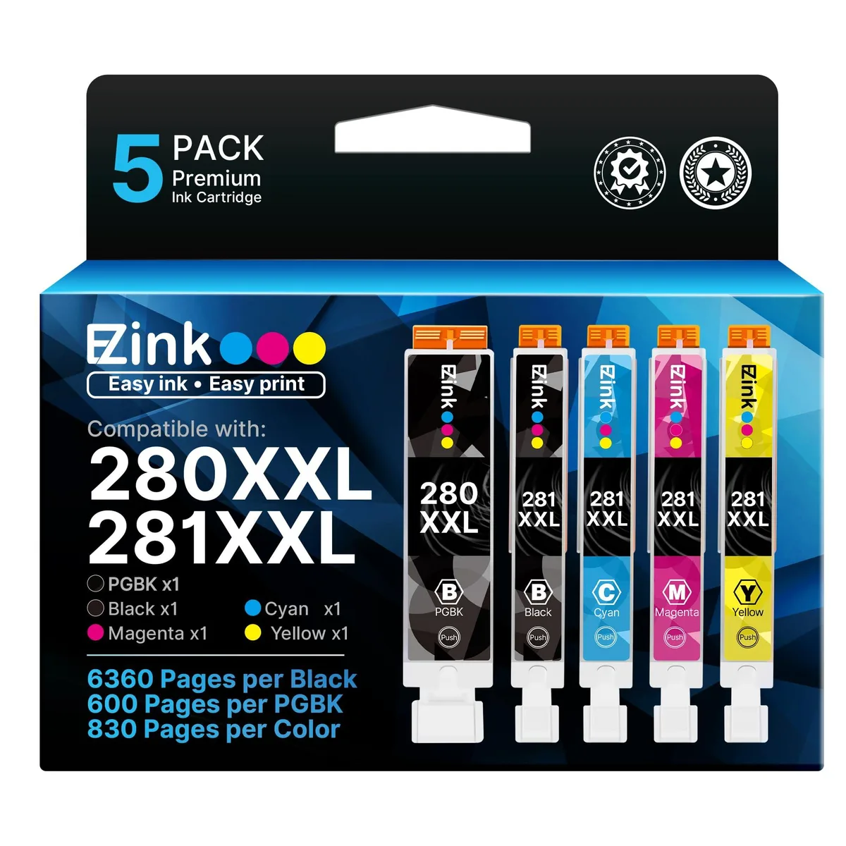 Five Canon-compatible ink cartridges in black cyan magenta yellow boxed set