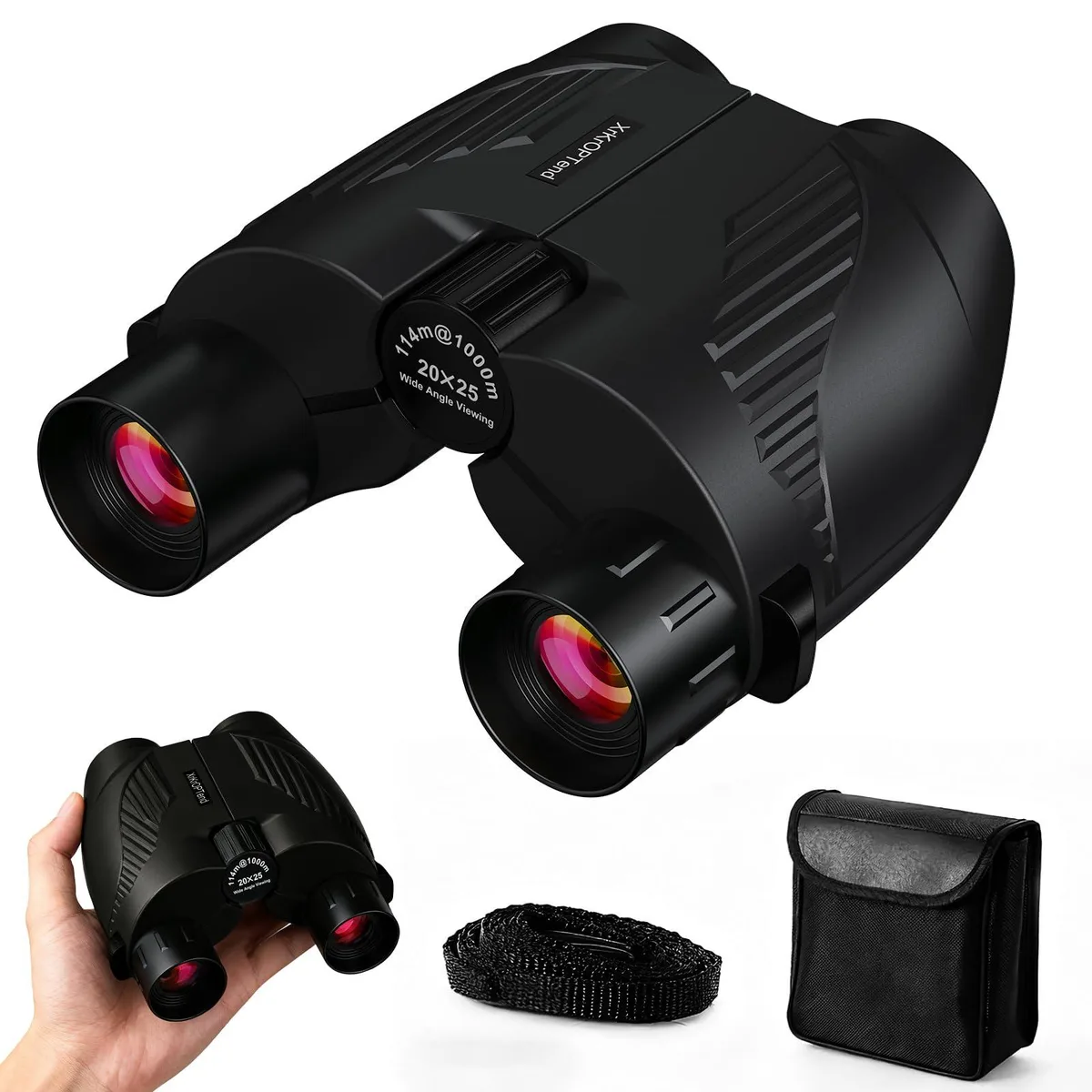 Black compact porro prism binoculars with green-coated lenses and neck strap