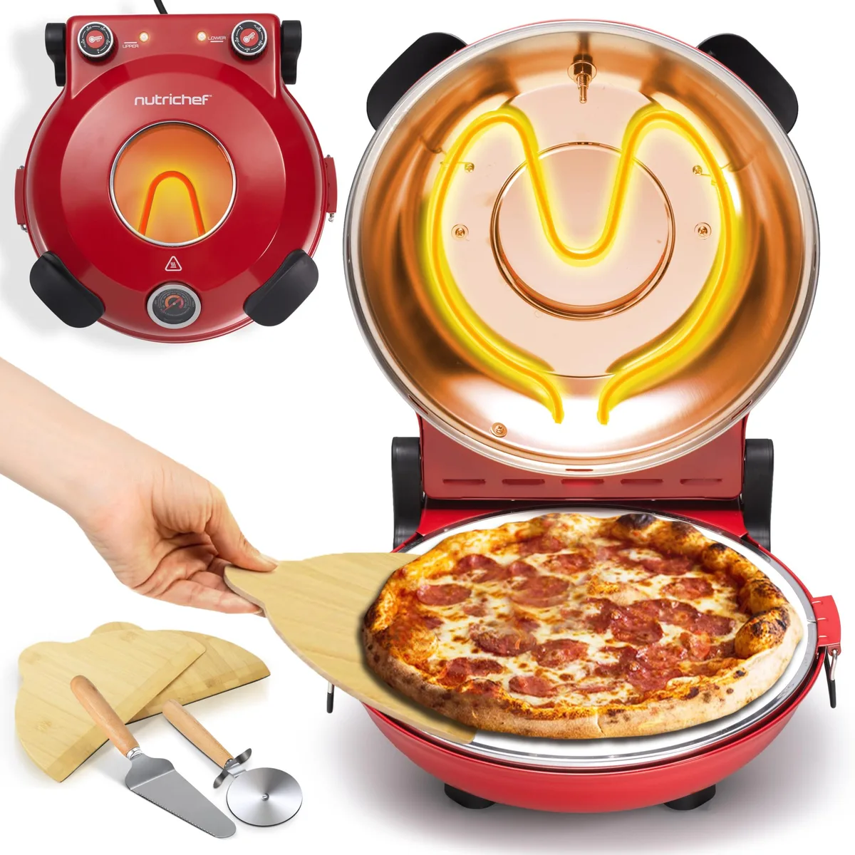 Red countertop electric pizza oven with viewing window and thermometer