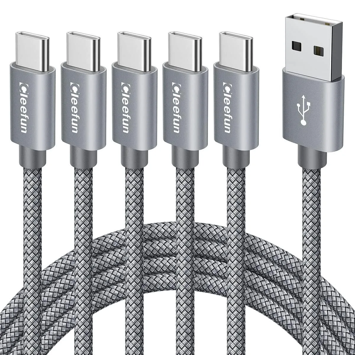  CLEEFUN Samsung Gala USB-A to USB-C Cable 3ft 5-Pack Grey 25W 3A 480Mbps — product photo