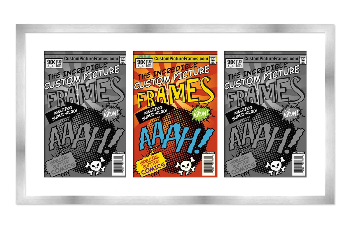 Silver rectangular wood frame with three white-matted openings for Golden Age comics, UV acrylic front, wall hardware included