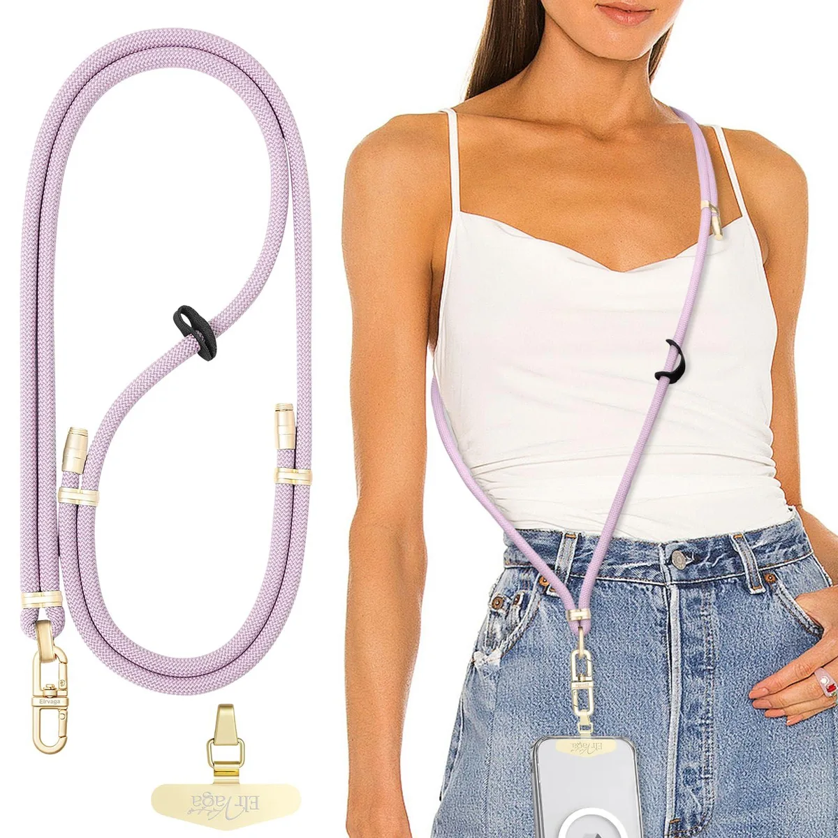  Adjustable Anti-Theft Phone Lanyard Neck Crossbody Strap 8mm Rope 0.2mm Metal Tab Light Purple — product photo
