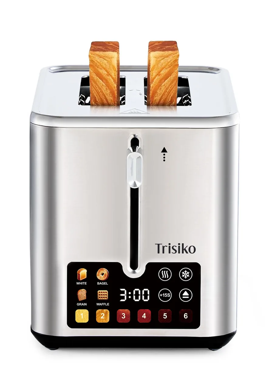 Purple two-slice touchscreen toaster with stainless steel finish, digital display and wide slots