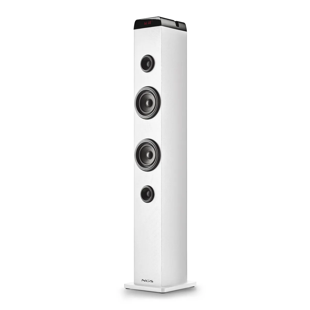 White floor-standing tower speaker with wooden finish and LED display