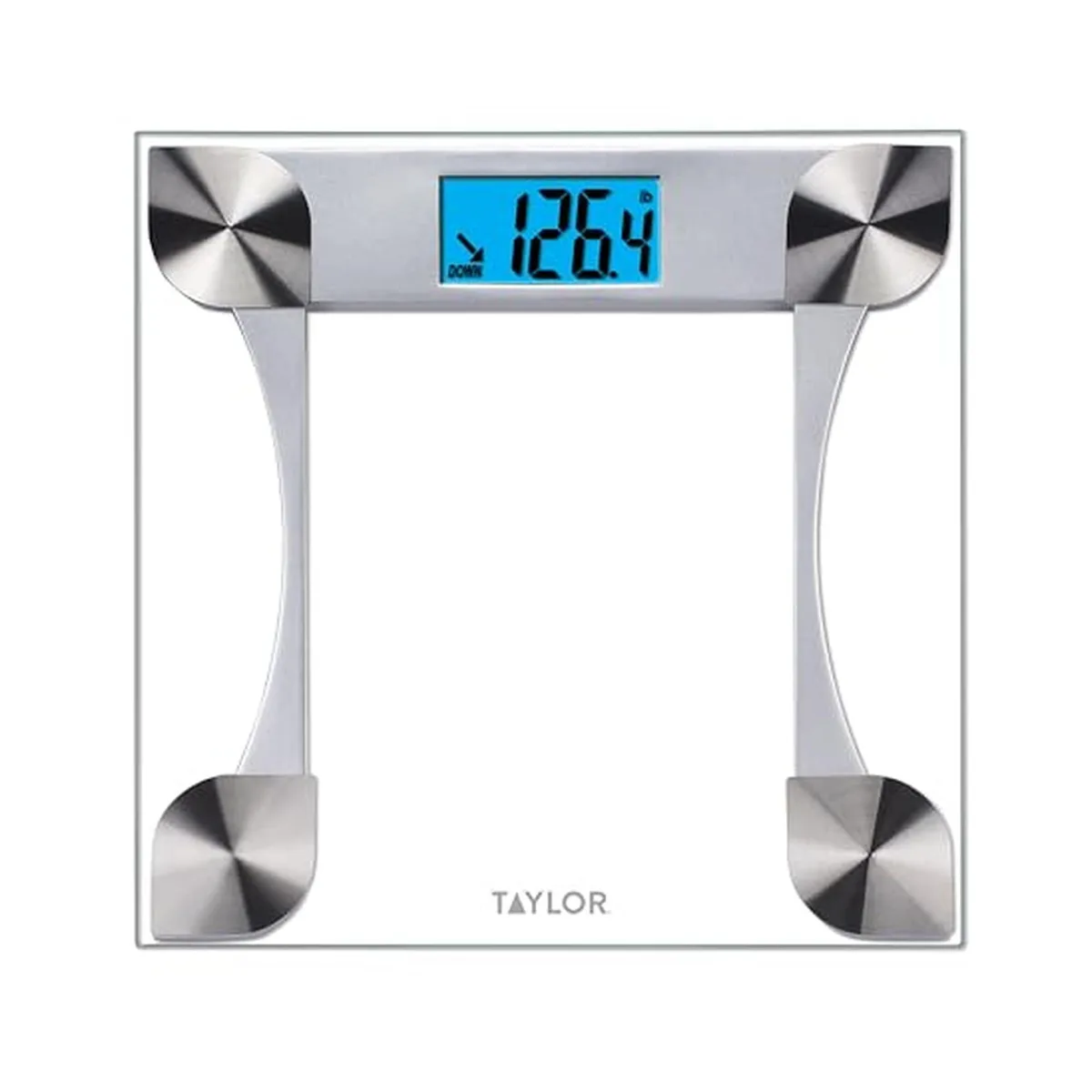 Clear glass mini bathroom scale with blue backlit display, 12.2 in platform