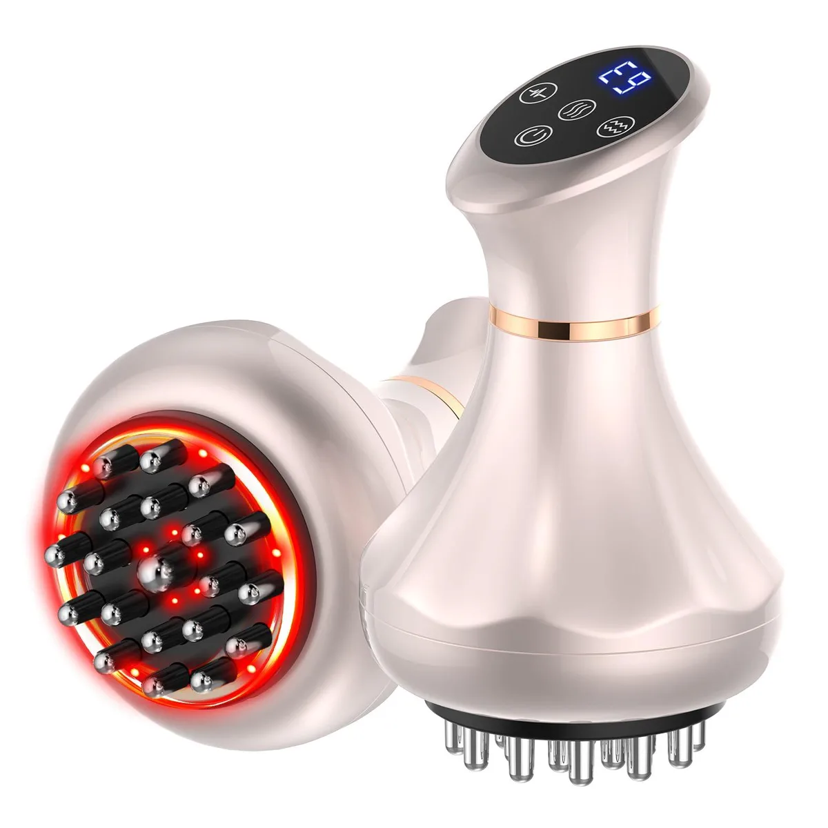 Blue handheld electric massager, smooth curved body, lightweight