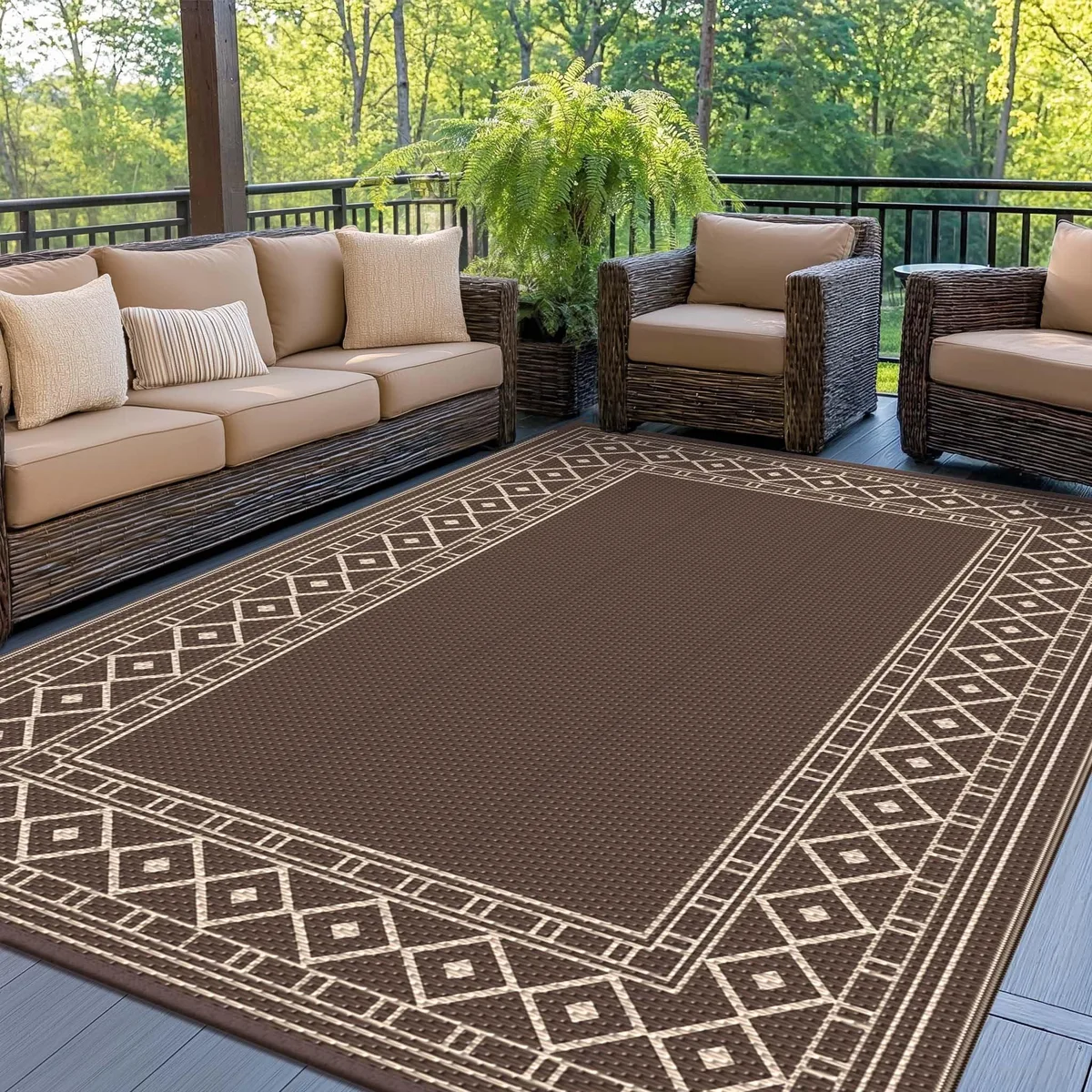 Rectangular coffee beige polypropylene rug with geometric diamond pattern, folded flat