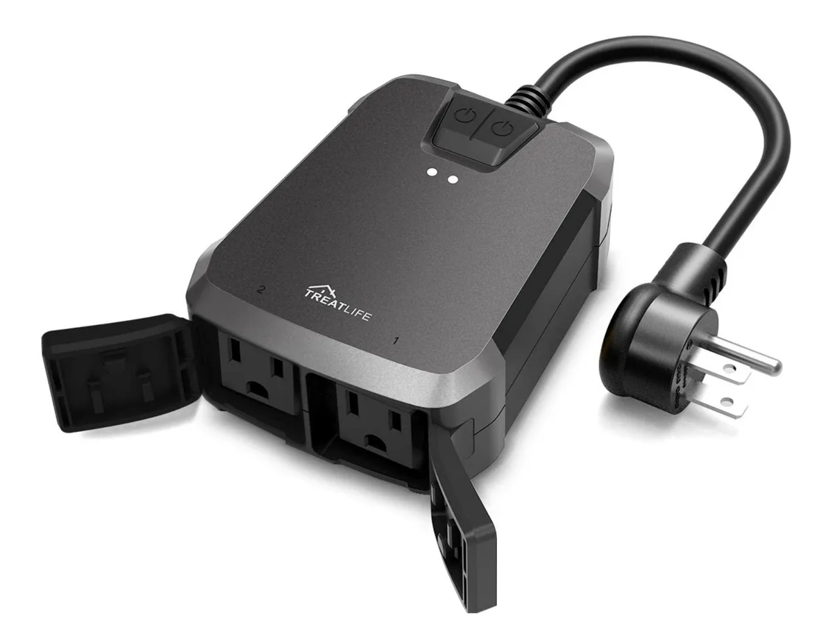 Black & Decker outdoor smart dimmer plug, two sockets, IP64 rating, compact rectangular shape