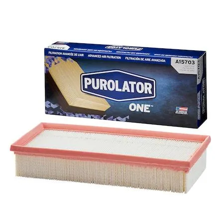 White rectangular automotive air filter with pleated media and black rubber seal, model A15703