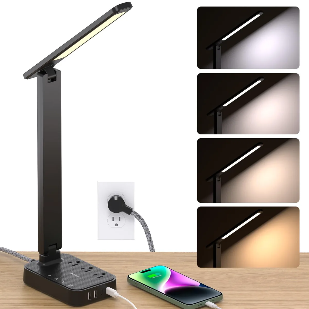 DNBeffulgent DNBeffulgent AD3WLCDB LED Desk Lamp 3 Outlets 4 USB Ports 180° Adjustable Touch Control Black — product photo