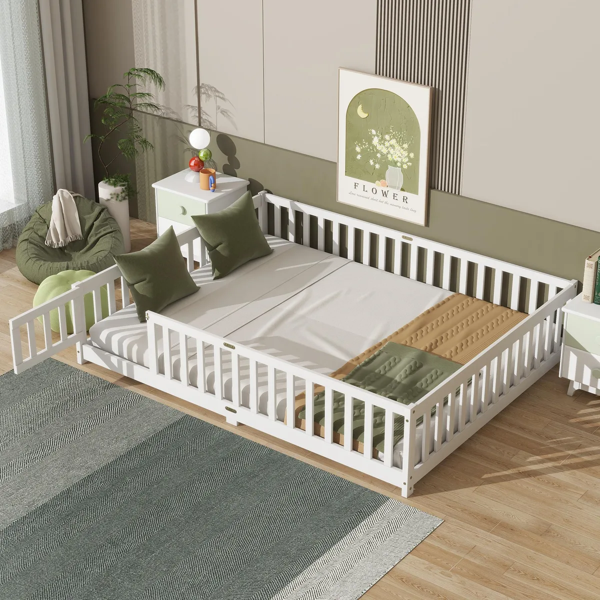 White rubber-wood queen floor bed with full safety fence and revolving door