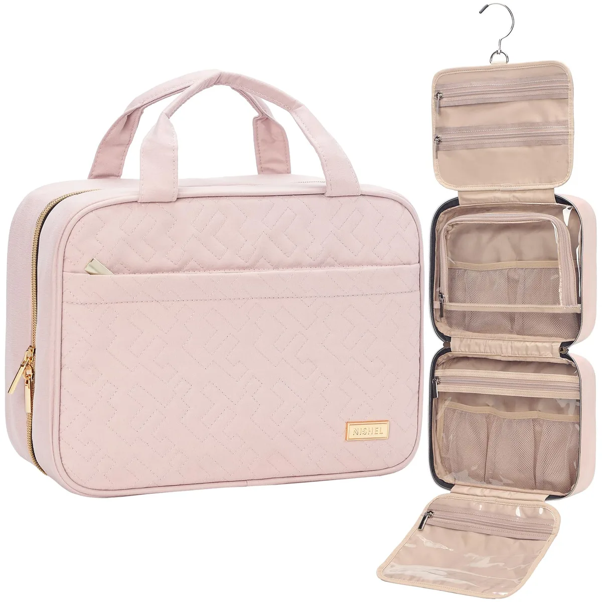 Pink medium travel toiletry bag with hanging hook and clear window