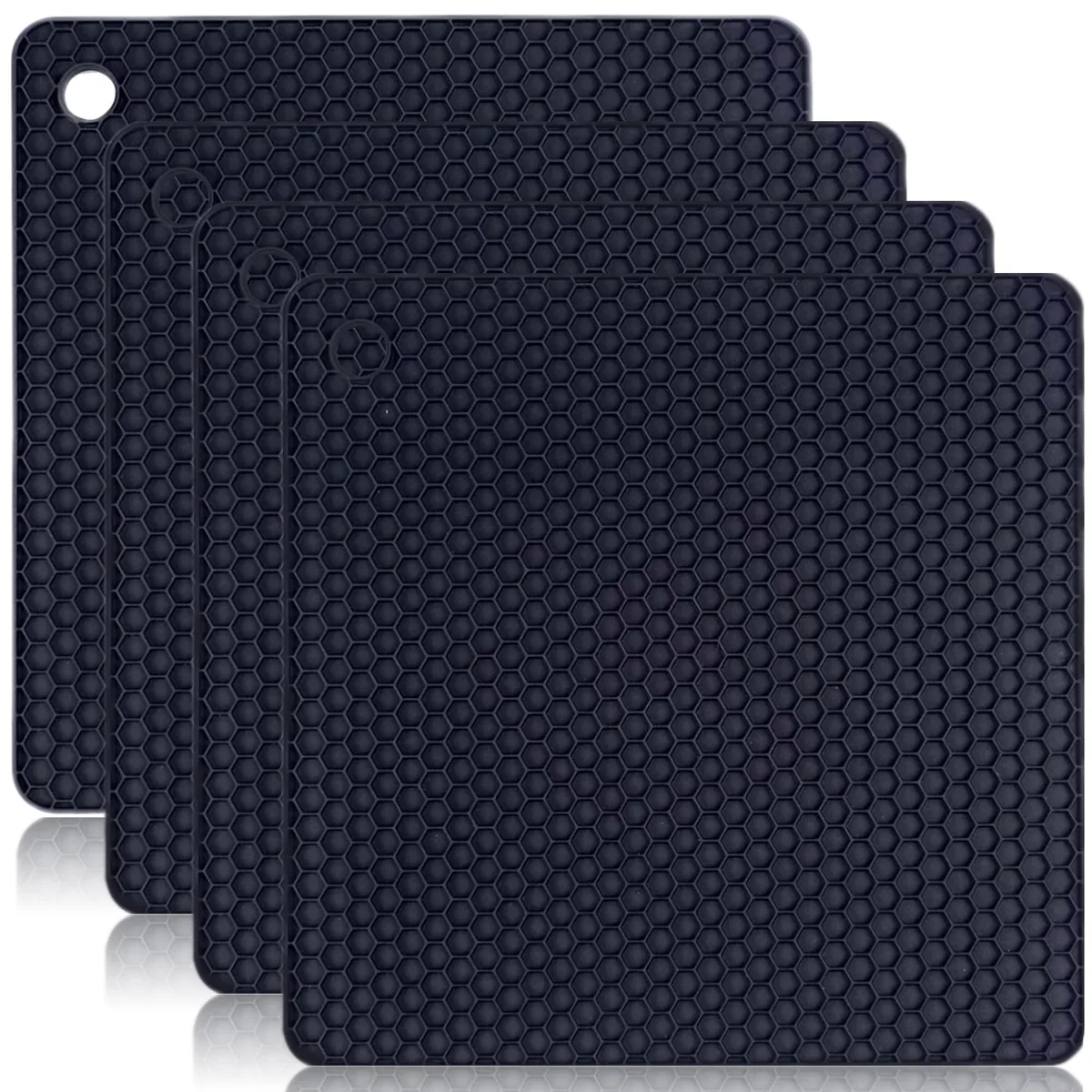 Four square silicone trivets with honeycomb texture, 7.1 inches each
