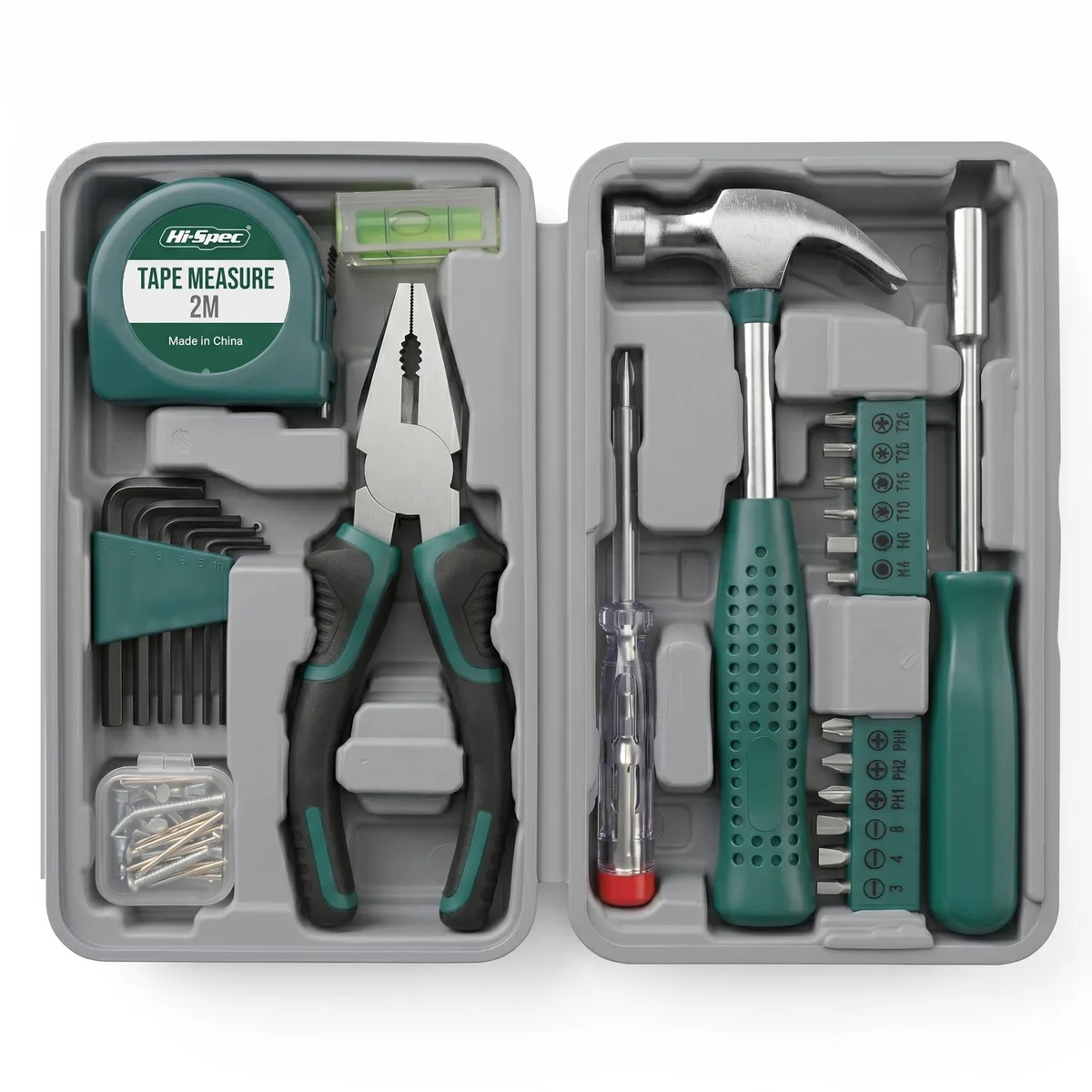 Green compact tool case with handle, 21 by 12.5 by 5 cm, holds 25 pieces