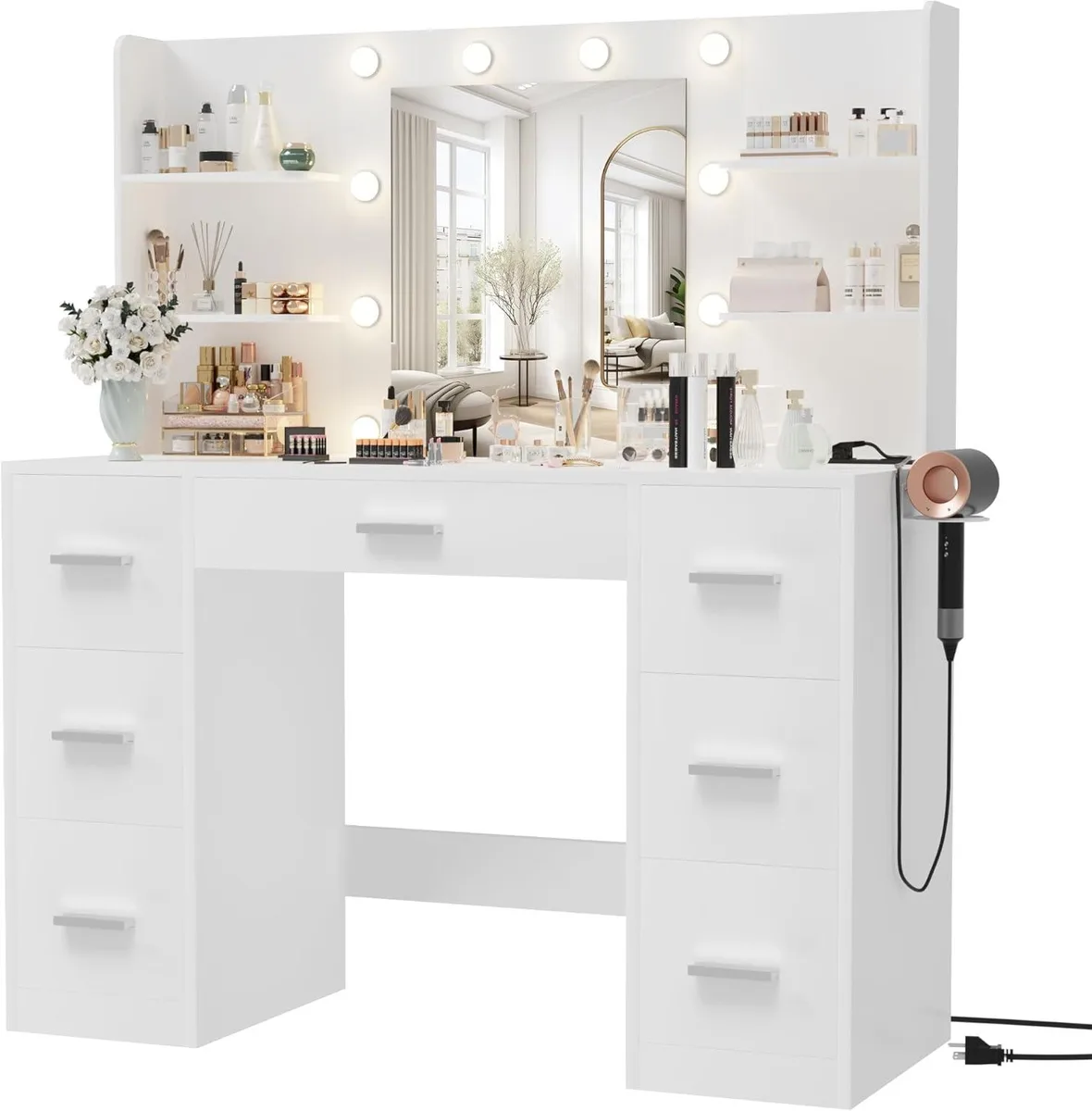 BFKK BFKK White Vanity Desk with Mirror, 10 LED Bulbs, 7 Drawers, 6 Shelves, Power Outlets — product photo