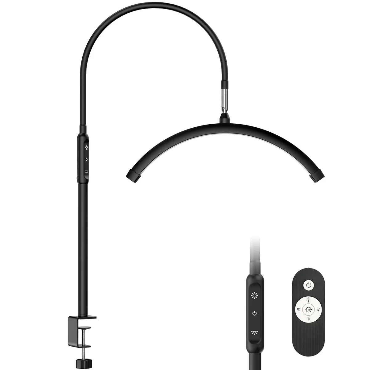 Black half-moon LED fixture with clamp base, flexible arm and remote control