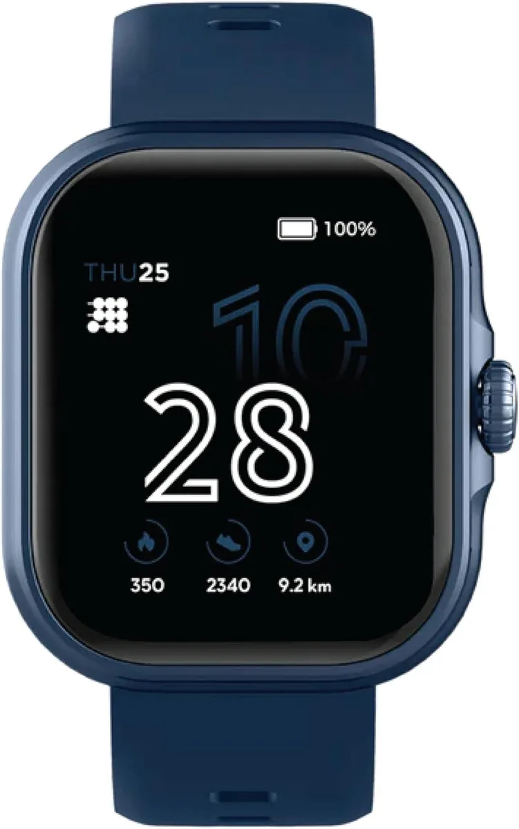 Rectangular smartwatch with 1.84 inch AMOLED touchscreen, slim dark band