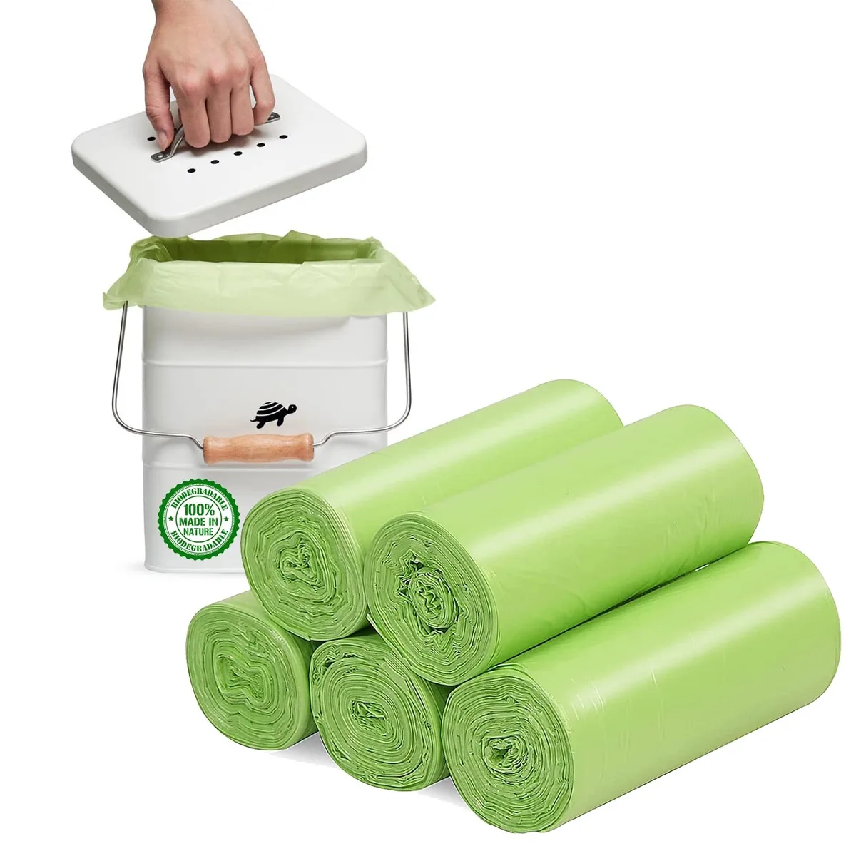 Pack of 120 green biodegradable bags made from plant starch, 1.2 gallon size