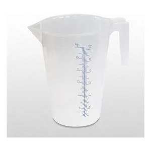 White polypropylene measuring container with fixed spout and moulded handle