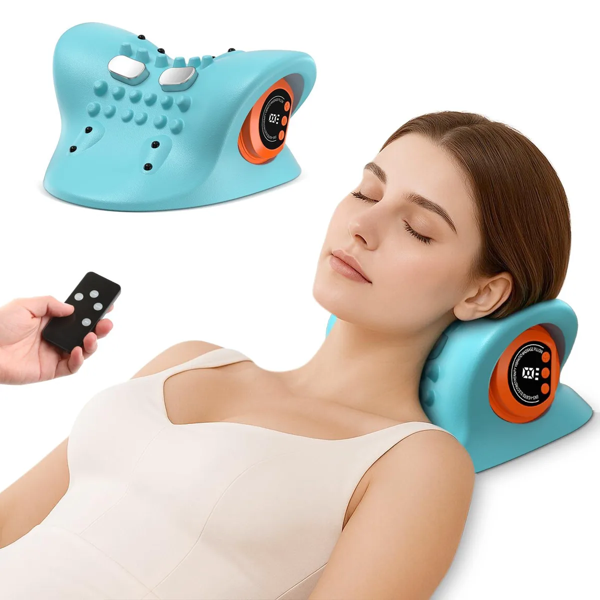 Blue cervical traction pillow massager with curved ergonomic shape and wireless remote