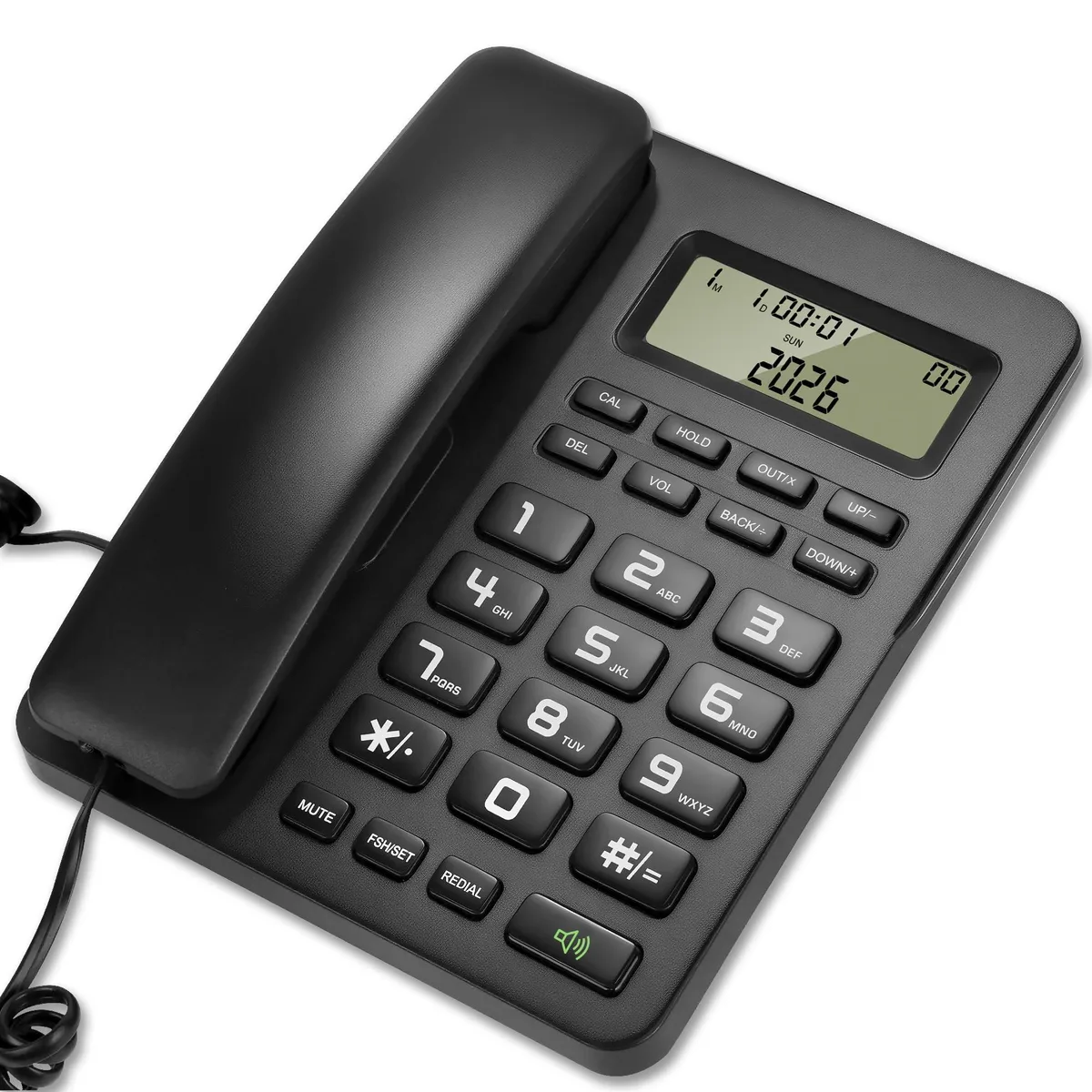 Black corded desk phone with digital answering machine and blue backlit display