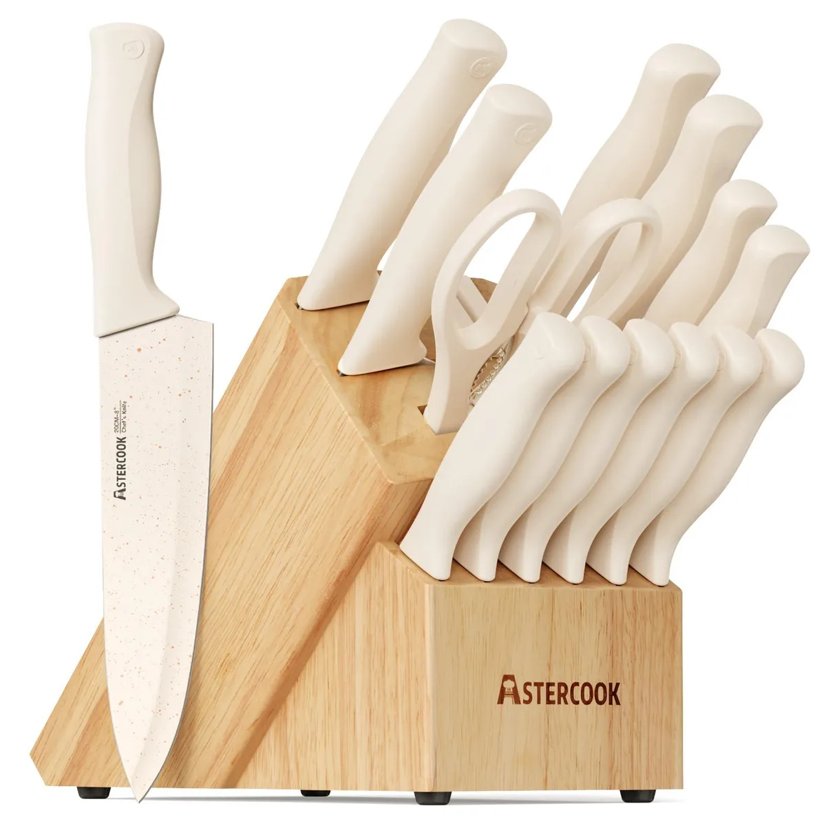 Black 15-piece knife set in hardwood block with built-in sharpener
